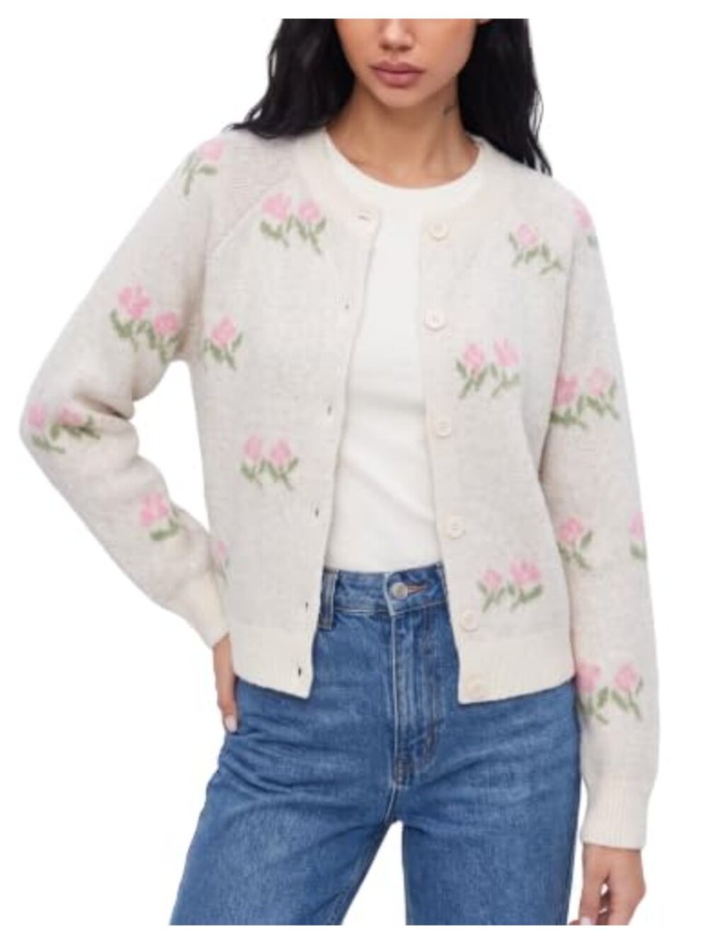 Floral Button Down Crewneck Cardigan Cozy Open Front Fall Layer